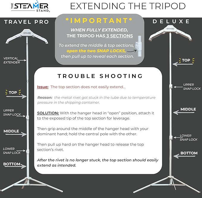 Travel Pro | Adjustable Standing Garment Steaming Rack with Hanger | Fast, Foldable, Sturdy, Portable Steam Ironing Solution for Travel & Home