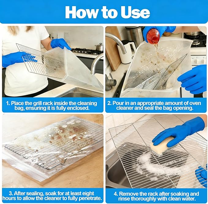 XANGNIER 5 Pack No Scrub Oven Rack Cleaning Bags,No Cleaner Included,Simple to Use,No Messy Hands Reusable Leakproof Soaking Cleaner Bags for Removable Metal Rack,BBQ Grills,Grill Grate