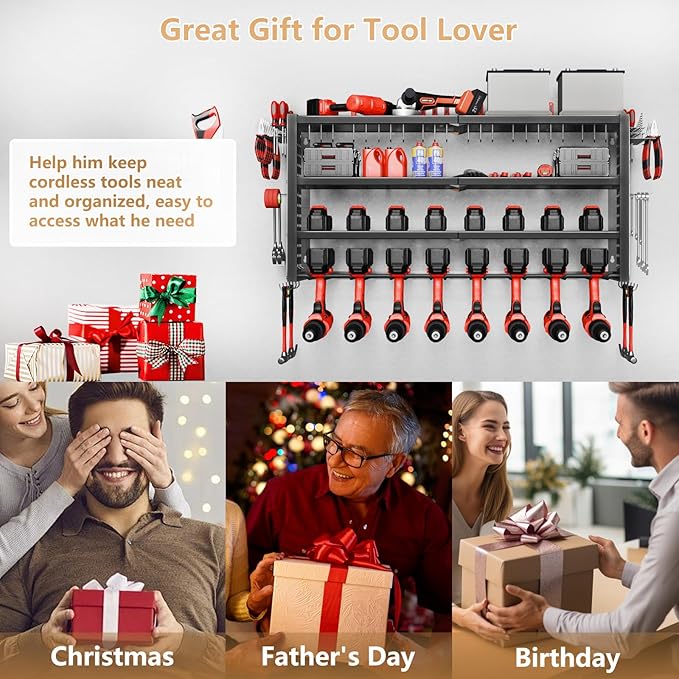 Power Tool Organizer Wall Mount, 4 Layer Heavy Duty Garage organizer Loads 280lbs, Tool Organizers with 8 Drill Hanger, Battery Tools Holder Garage Storage Organization for Workbench, Pegboard, Shed