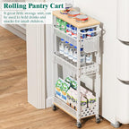 Slim Storage Cart 4 Tier Laundry Cart with Wheels, Narrow Metal Kitchen Rolling Carts Bathroom Organizers Storage Shelf with Wood Rack and Handle for Small Space