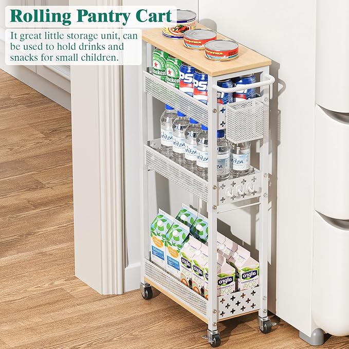 Slim Storage Cart 4 Tier Laundry Cart with Wheels, Narrow Metal Kitchen Rolling Carts Bathroom Organizers Storage Shelf with Wood Rack and Handle for Small Space