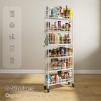 6 Tier Slim Rolling Storage Cart with Wheels, Metal Mobile Shelving Unit Organizer Utility Cart for Office Bathroom Kitchen Laundry Room Narrow Places (White 6 Inches)