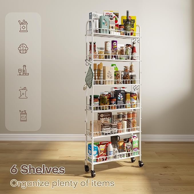 6 Tier Slim Rolling Storage Cart with Wheels, Metal Mobile Shelving Unit Organizer Utility Cart for Office Bathroom Kitchen Laundry Room Narrow Places (White 6 Inches)