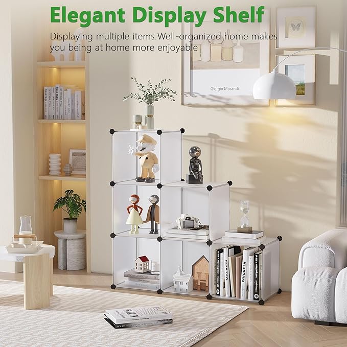 C&AHOME Cube Storage Organizer, 6-Cube Shelves Units, Closet Cabinet, DIY Plastic Modular Book Shelf, Ideal for Bedroom, Living Room, Office, 36.6" L x 12.4" W x 36.6" H Translucent White SBTM3506A