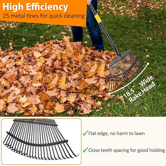 Garden Rake for Leaves, Heavy Duty 25 Tines Metal Leaf Rake，65" Adjustable Long Handle 18" Wide Yard Rake for Lawns Flower Bed Grass Mulch Shrub Camping Gardening