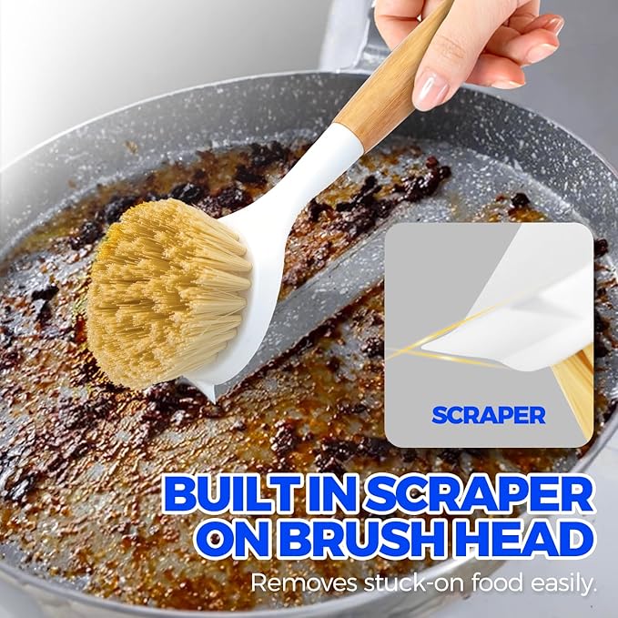 Holikme 3 Pack Dish Brush Set with Bamboo Handle, Kitchen Cleaner for Cleaning Pot, Pan, Sink and Stove, Scrubber with Medium Bristles, Yellow