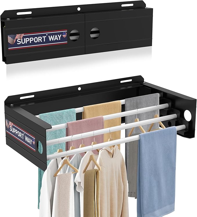 Foldable Wall Mounted Drying Rack, 17'' Wide Aviation Aluminum Laundry Clothes Rack Collapsible with 4 Rods, 100LB Capacity, Pull Out Design Towel Drying Rack for Laundry Wall (Black, 17")