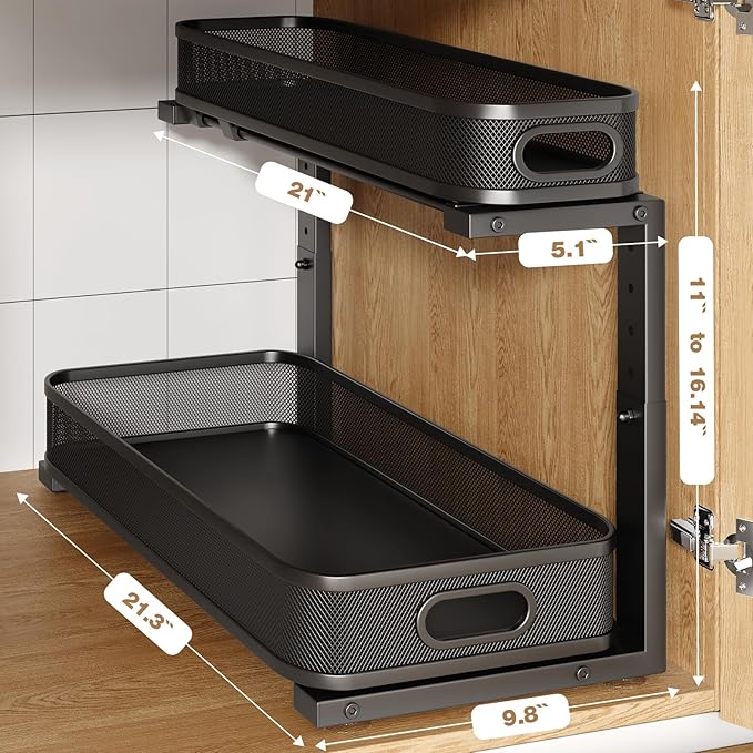 2 Pack 21.3IN-Depth Under Sink Organizer with Smooth Cylindrical Rail,2-Tier Pull Out Multi-Purpose Cabinet Storage for Bathroom&Kitchen,Height Adjustable,Rust-Resistant Coating-Black