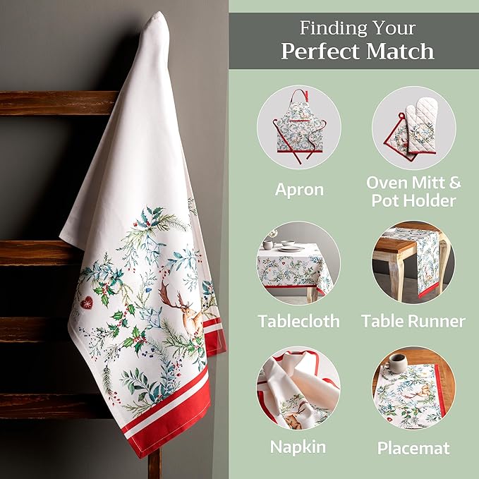 Maison d' Hermine Kitchen Towels Set of 3 100% Cotton 27.50" x 20" Reusable Cloth Tea Dish Towels Absorbent with Hanging Loop for Kitchen, Home, Dining, Cocktail Parties (Holly Time)