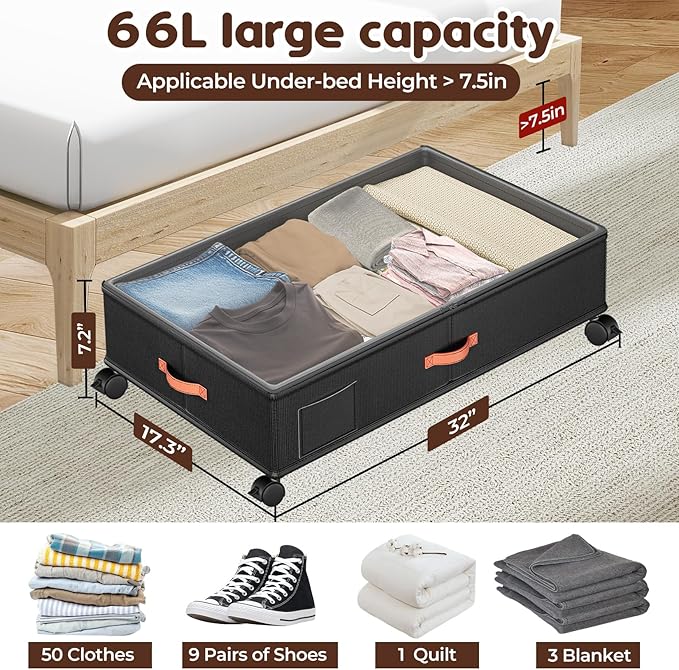 Under Bed Storage with Wheels 2-Pack, Under Bed Storage Containers 60L Clear Lids, Rolling Storage Drawers for Clothes Shoes Blankets, Underbed Organizer Bins(32" L x 17.3" W x 7.5" H)