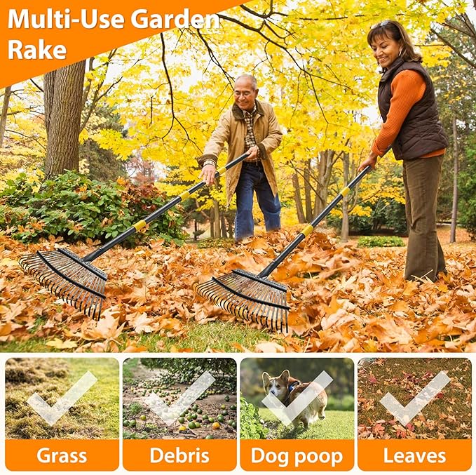 Garden Rake for Leaves, Heavy Duty 25 Tines Metal Leaf Rake，65" Adjustable Long Handle 18" Wide Yard Rake for Lawns Flower Bed Grass Mulch Shrub Camping Gardening