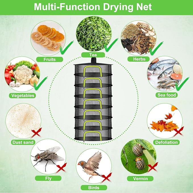 7 Layer Herb Drying Rack, Herb Drying Rack Hanging Mesh, Foldable Bud Drying Net with U-Shaped Zipper, Hooks, for Drying Herbs Plants, Flowers, Fruits, Food, Camping (7 Layers-23.62'')