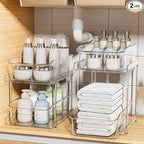 Delamu 2 Sets of 2-Tier Clear Under Sink Organizers and Storage, Multi-Purpose Stackable Bathroom Cabinet organizers, Pull Out Kitchen Pantry Organization and Storage with Dividers
