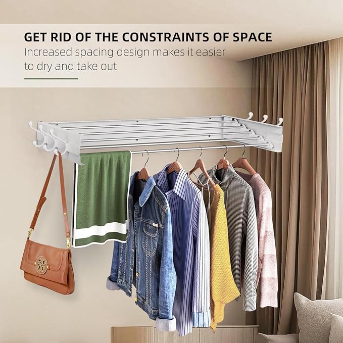 Laundry Drying Rack, Collapsible Wall Mounted Clothes Drying Rack - Foldable,Space Saving, 13.2 Linear Ft, 5 Aluminum Rods, 60 lb Capacity (White, 40" Wide)