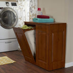 Household Essentials Double Hamper Cabinet, Metal Exterior and Removable Polyester Bags, Dual Compartments for Sorting, Faux Wood Grain
