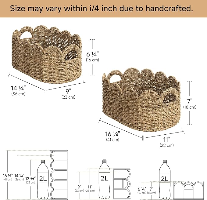 StorageWorks Scalloped Wicker Basket, Hand-woven Rattan Baskets with Built-in Handles, Cute Baby Basket for Nursery, Seagrass Baskets for Organizing and Decor, 2 Pack