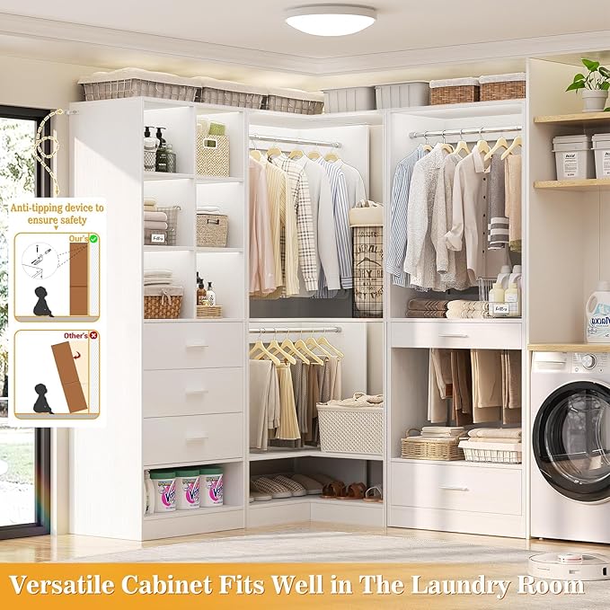 Homieasy Closet System Organizer with Drawers, Pants Rack, Cube Storage and Hanging Area – Wardrobe Organizer with Hanging Rods, Shoe Storage & Anti-Tip Kit – Expandable and Easy to Install, White