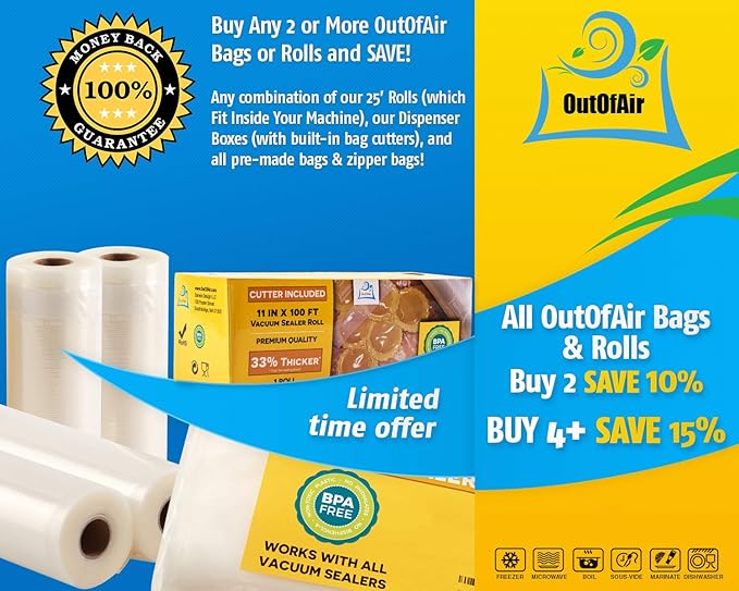8" x 25' Rolls (Fits Inside Machine) - 4 Pack (100 feet total) OutOfAir Vacuum Sealer Rolls. Works with FoodSaver Vacuum Sealers. 33% Thicker, BPA Free, Sous Vide, Commercial Grade