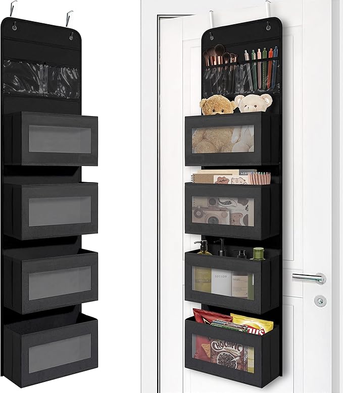 Over Door Organizer with 4 Large Capacity Pockets, Hanging Organizer Storage for Closet Bathroom Nursery Bedroom Dorm, Toys Cosmetics Sundries and Baby Essentials, Black