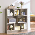 LEYAOYAO 8 Cube Bookshelf with Base,3 Tier Mid-Century Modern Grey Bookcase,Standing Wide Bookshelves Storage Organizer Shelf,Rustic Wood Display Cabinet Book Shelves for Bedroom,Living Room,Office