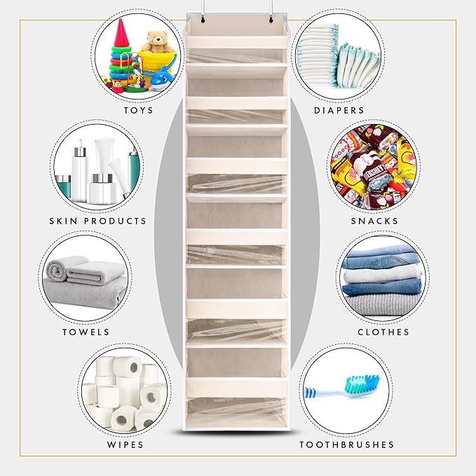 HOMELUX THEORY UPGRADED Over The Door Organizer Hanging - 100D EXTRA THICK & 50lbs HUGE CAPACITY 6 Large Front & 12 Side Pockets, Over The Door Shoe Organizer, Hanging Closet Organizer (Ivory, 2pc)