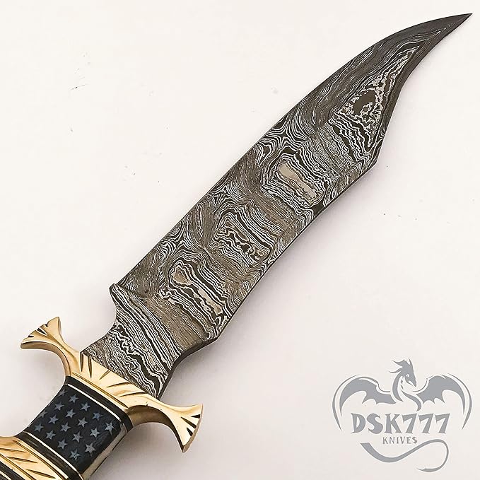 : CUSTOM HAND MADE DAMASCUS STEEL COLLECTIBLE GUTT KNIFE HANDLE MATERIAL BONE USA FLAG ACID ACHING (STAR)