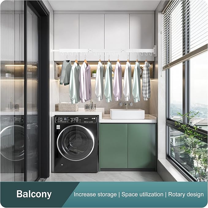 Wall Mounted Clothes Drying Rack, Collapsible, Folding, Retractable - Clothes Hanging Rack (Hooks, White)