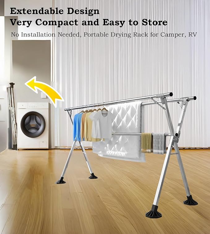 95 Inches Clothes Drying Rack Clothing Windproof Design, Heavy Duty Stainless Steel Laundry Drying Rack Folding Indoor Outdoor, Foldable Portable Clothing Racks for Hanging Clothes, 20 Hooks 12 Clips