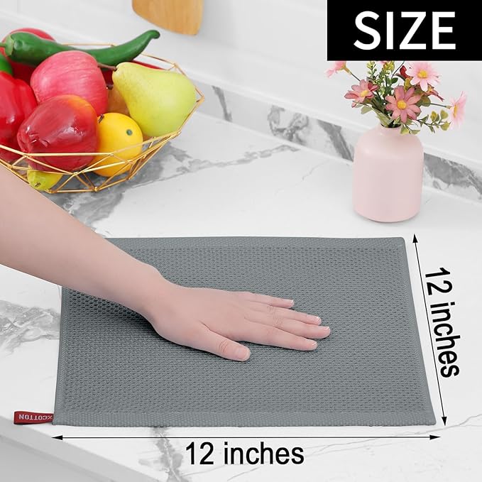 Homaxy 100% Cotton Waffle Weave Kitchen Dish Cloths, Ultra Soft Absorbent Quick Drying Dish Towels, 12 x 12 Inches, 6-Pack, Grey