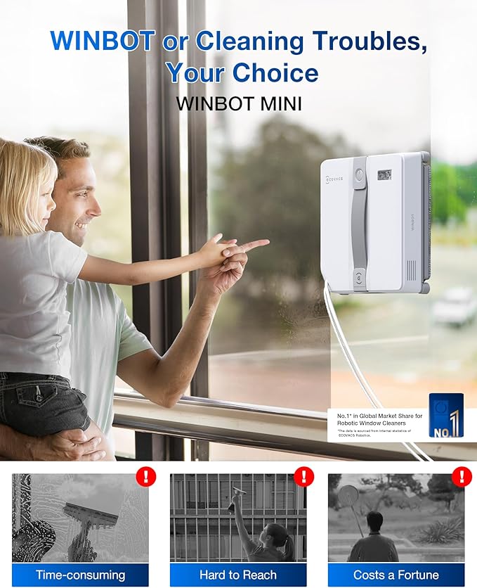 ECOVACS WINBOT Mini Window Cleaning Robot - Compact Design, Dual Nozzles with Ultrasonic Spray, 9-Stage Protection System, Intelligent Path Planning, 3 Cleaning Modes, Anti-Slipping System