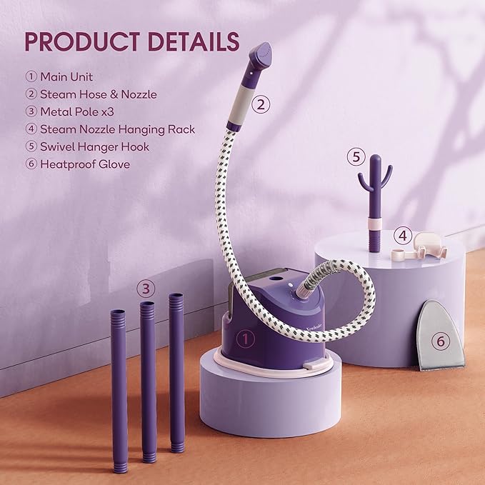 Newbealer Standing Garment Steamer - 1500W Full-Size Vertical Clothes Steamer with Foot Pedal, 57.5oz (1.7L) Large Water Tank, 45s Fast Heat-Up, 50-Min Powerful Steaming, Auto-Off (Purple)