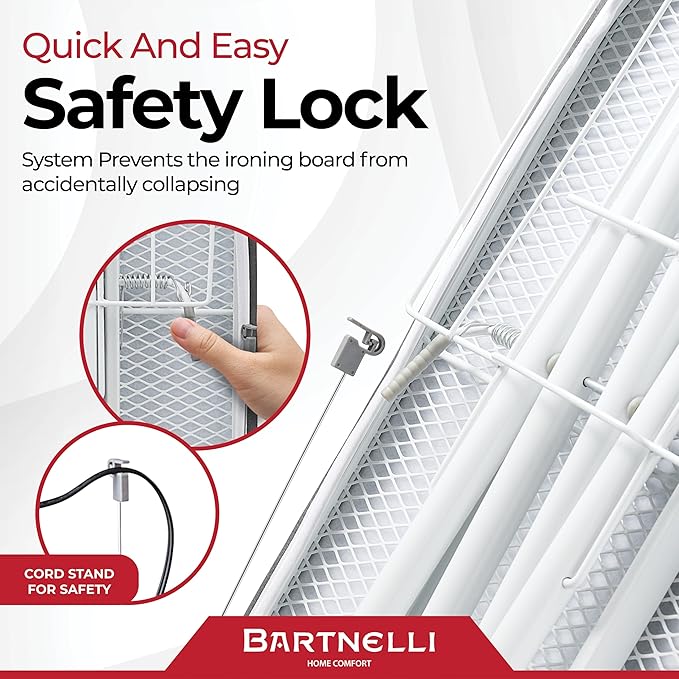 Bartnelli Extra Wide Pro Ironing Board 19x48 Ironing Surface with Iron Rest, Cord Holder, Shelf and 4 Layer Heat Resistant Cover and Pad