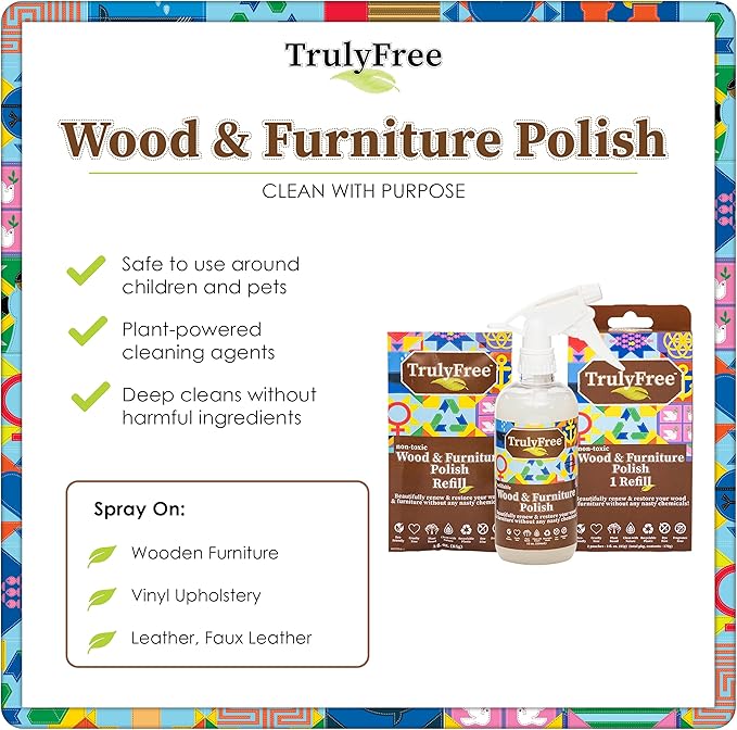 Truly Free Natural Wood Cleaner & Furniture Polish - Leather Cleaner, Vinyl, Furniture & Wood Polish, Helps Remove Water Stain, Unscented - Includes: 1 Refillable Empty 12oz Bottle & 1 Refill(3 fl oz)