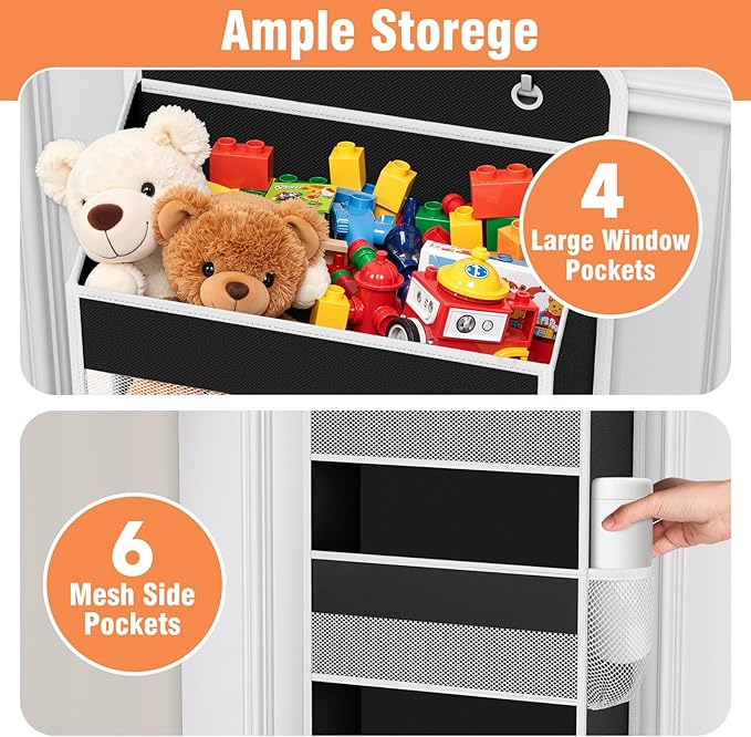 WISELIFE Over The Door Organizer Storage 4 Shelves Large Capacity Hanging Bedroom Storage Solution with 6 Side Pockets for Dorm Bathroom Pantry Nursery and Baby Essentials Holds up to 40 Lbs (Black)