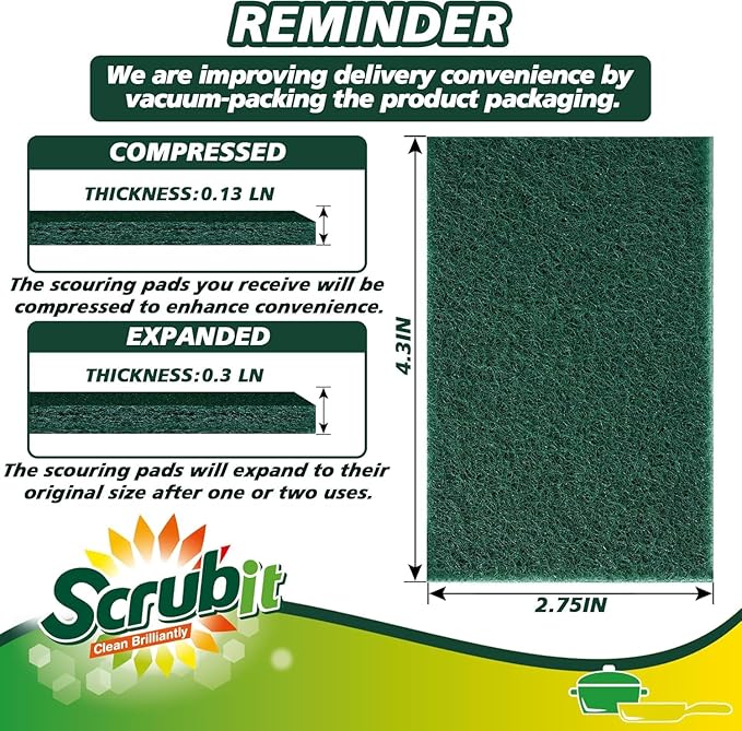 SCRUBIT Scouring Pad - Heavy Duty Scrub Pads for Cleaning Dishes - Non-Scratch Reusable Scrubbing - Green (100)