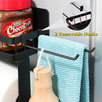 Paper Towel Holder Fridge Magnetic with Shelf - 2 Pack Paper Towel Holder Without Drilling + Magnet Spice Racks with 2 Kitchen Hanging Hooks Heavy Duty Space Saving, Black