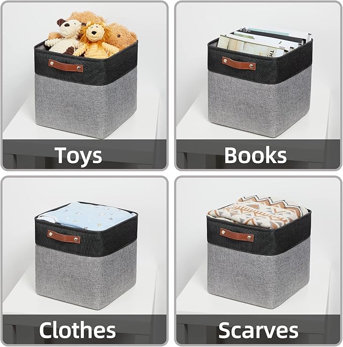 HNZIGE Fabric Cube Storage Baskets Bins Cube Baskets 11x11, Set of 4, Foldable Storage Cube Bin Baskets for Shelves with Handles, Bins for Cube Organizer Home Toy Nursery Closet Bedroom(Black White)
