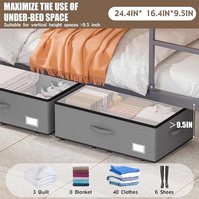 Under Bed Storage with Wheels, No Assemble Required 10 inches height Under Bed Storage bins,Large capacity Rolling Underbed Shoe Storage containers，dorm underbed storage drawers