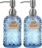 Bathroom & Kitchen Glass Hand and Dish Soap Dispenser with 304 Rustproof Stainless Steel Pump (Blue-2pack)