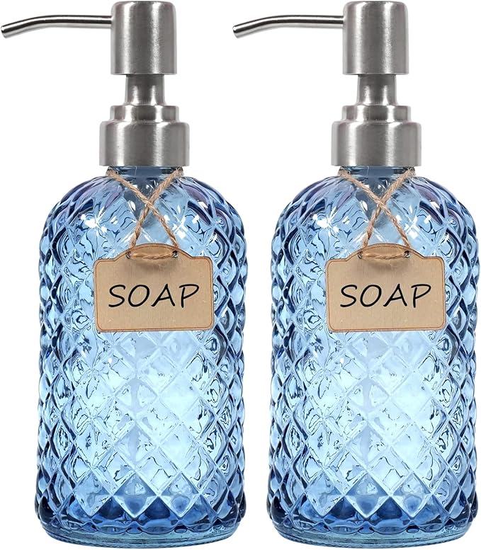 Bathroom & Kitchen Glass Hand and Dish Soap Dispenser with 304 Rustproof Stainless Steel Pump (Blue-2pack)