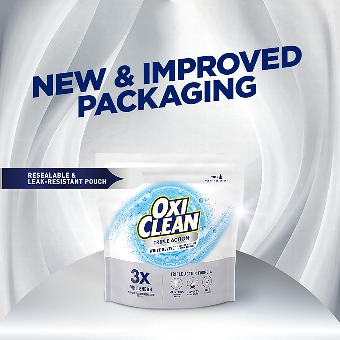 OxiClean Triple Action White Revive Laundry Whitener and Stain Remover Powder, Use with Detergent, Whitens and Brightens Clothes, Removes Tough Stains, Color Safe, Chlorine Free, 4 lbs
