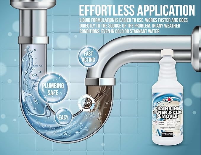 DU-MOST Drain Line Opener & Clog Remover, Concentrated Alkaline Based Cleaner, Non-Fuming, Non-Acid, Dissolve & Remove Obstructions in Clogged or Slow-Running Drain, Plumbing Safe, 32 Oz (Pack of 2)