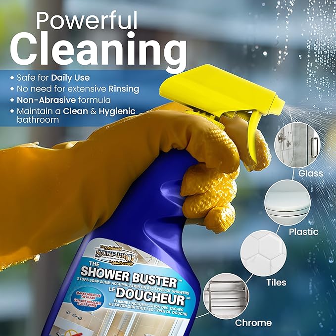 Shower Glass Door Cleaner – Shower Buster Spray for Soap Scum & Hard Water Stains – No Scrub Bathroom Cleaner for Glass, Tile, Chrome, Ceramic, RV and Septic Safe (500ml / 16.9oz)