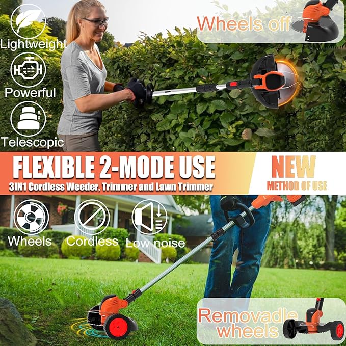 Electric Weed Wacker Cordless Eater Battery Powered 21V Lightweight No-String Weed Trimmer 3 in 1 Stringless Grass Trimmer/Edger/Brush Cutter with 3 Types Blade & Wheels for Yard and Garden-Orange