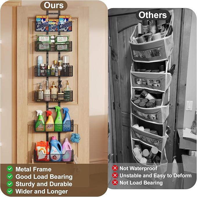 Over The Door Organizer, Metal Hanging Door Organizer with 6 Adjustable Baskets and 5 Hooks, Behind The Door Storage for Closet Cabinet Kitchen Bathroom Bedroom Pantry Organizer, Black