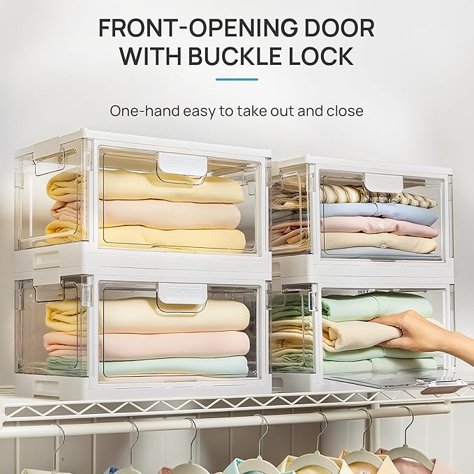 Vtopmart 4 Pack Stackable Storage Bins with Lids,24QT Clear Foldable Closet Organizer with Front-Open Doors,Plastic Storage Containers for Living Room, Bedroom, Craft Room, Dorm Organization