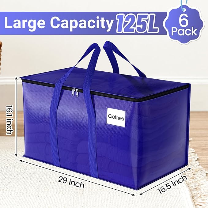 FabSpace Moving Storage Bags, Moving Supplies Packing Boxes for Moving, Camping, College Dorm Room Essentials for Girls, Blue Tote Bags, Heavy-Duty Storage Bins With Lids And Zippers, 125L 6 Pack