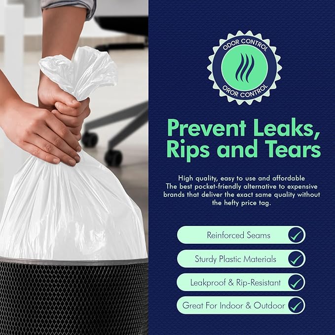 PAMI Medium 8-Gallon Trash Bags 100-Pack, White - Strong Multipurpose Plastic Wastebasket - Unscented Can Liners For Kitchen Bathroom Office-Garbage Bags, 1ft x2ft