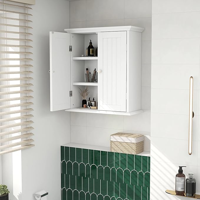 hooChoo Bathroom Wall Cabinet Set of 2, Over The Toilet Space Saver Storage Cabinet, Medicine Cabinet with 2 Door and Adjustable Shelves, Cupboard, White