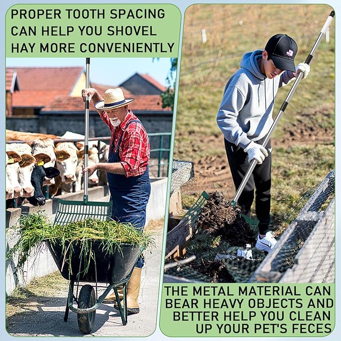 Manure Fork Replacement Head, Heavy Plastic Horse Manure Fork with 69 Inch Spliced Extension Rod – Long Handle Fork for Hay, Compost, Barn, Horse Stable & Gardening（Blue）